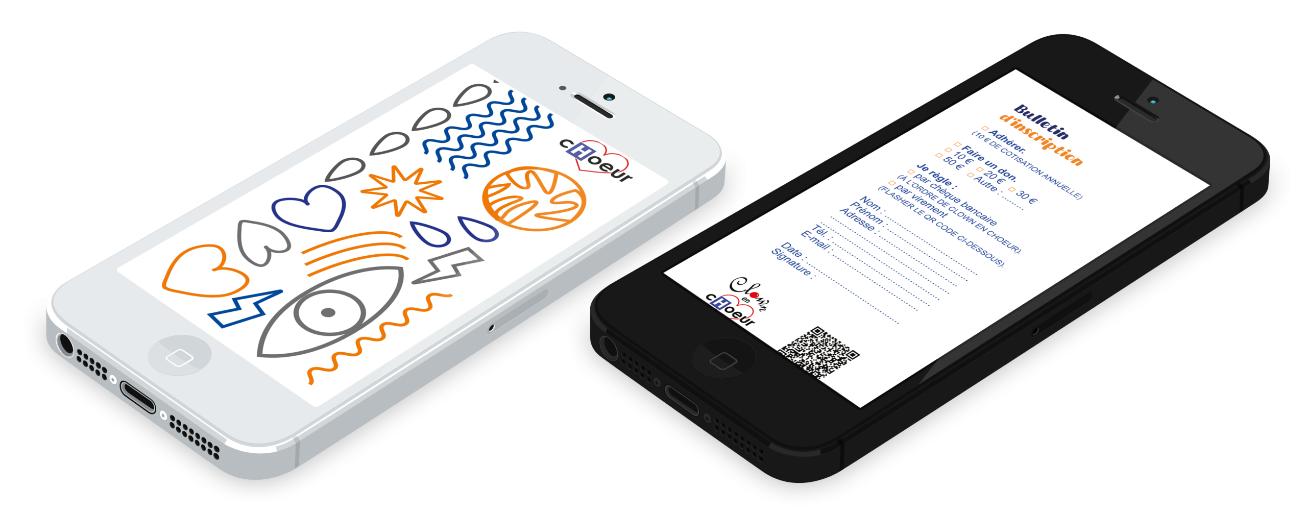 2 téléphones dont la page affiche un bulletin d'inscription et des dessins pour enfants.
