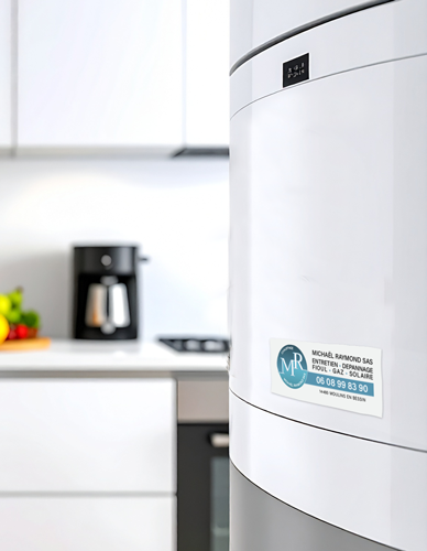 Etiquette sur la chaudière : communication judicieuse qui permet au client d'avoir les coordonnées du chauffagiste à portée de main.